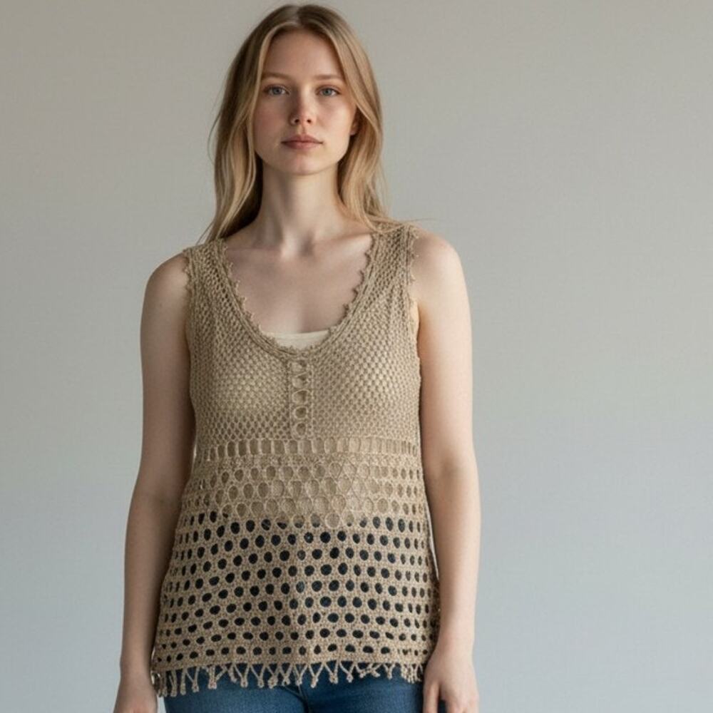 L Vintage Y2K Christina Gold Beaded Crochet Tank Top Metallic Crochet Knit 2000s